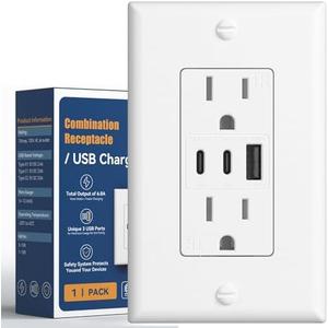 Amico 6.0A USB Outlet, 3-Port 30W Wall Outlets with 2 Type C & 1 Type A, 15 Amp Receptacle Plug, Tamper Resistant Receptacle, Wall Plate Included, ETL Listed, White, 1 Pack