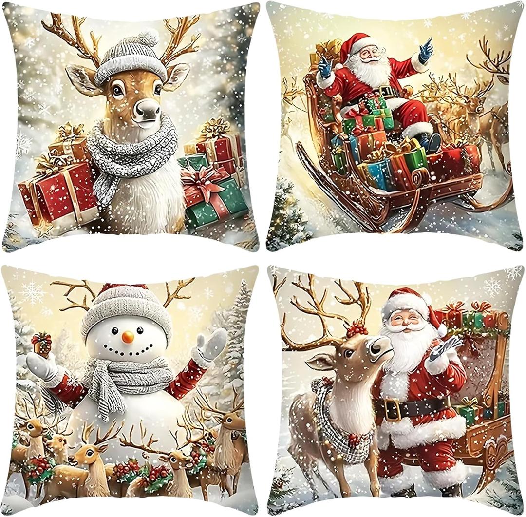 Christmas Pillow Covers 18x18 inch Set of 4, Christmas Decorations Snowman Santa Elk Sleigh Truck Plaid Winter Holiday Decor, Merry Christmas Throw Cushion Cases for Sofa Couch Living Room Home Decor (White)