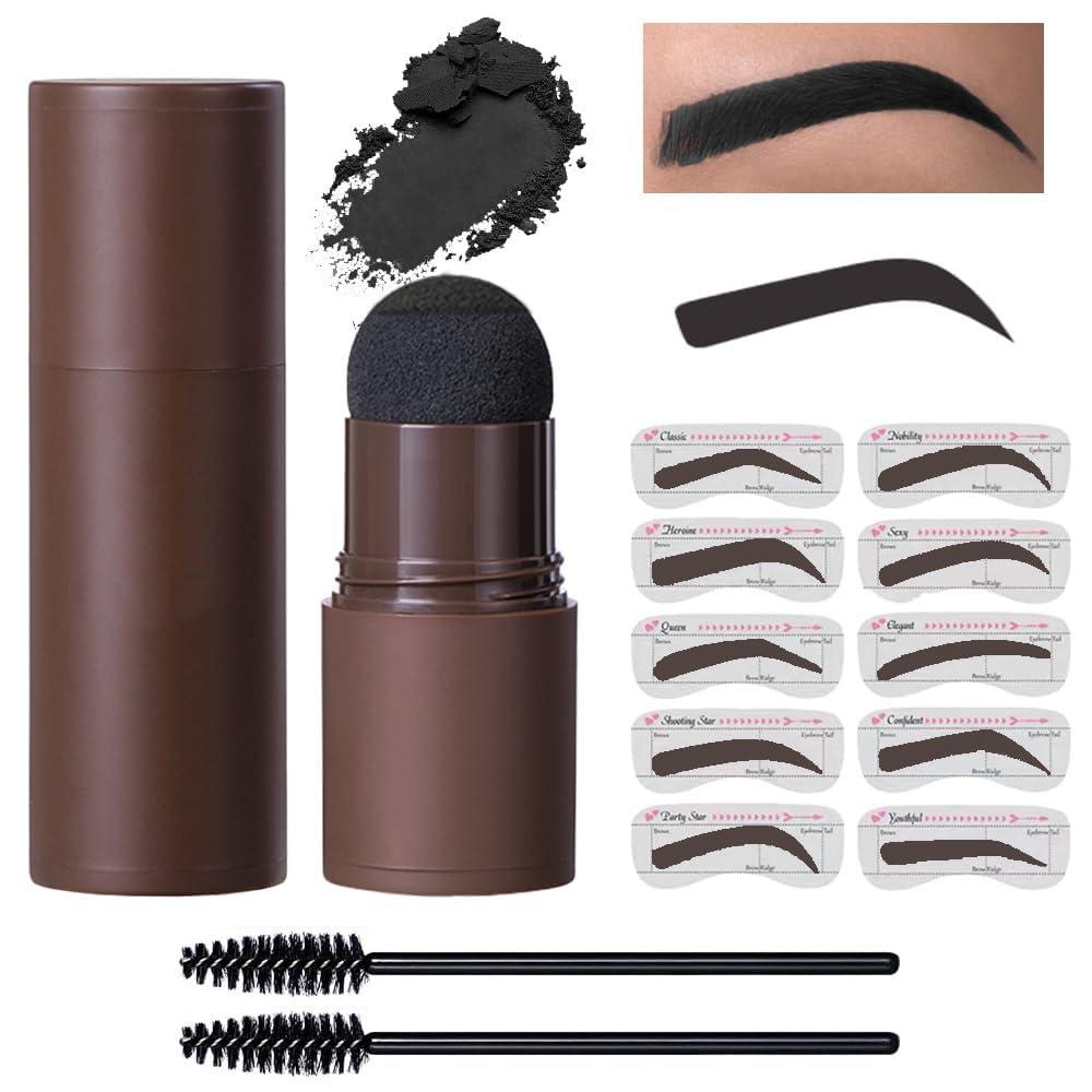 Eyebrow Powder Stamp Stencil Set, Eyebrow Stencils Shaping Kit, Long-Lasting Soft and Natural Eyebrow Powder for Women Girl, Includes Brush&Stencils, (A04#Black, 1 Kit)