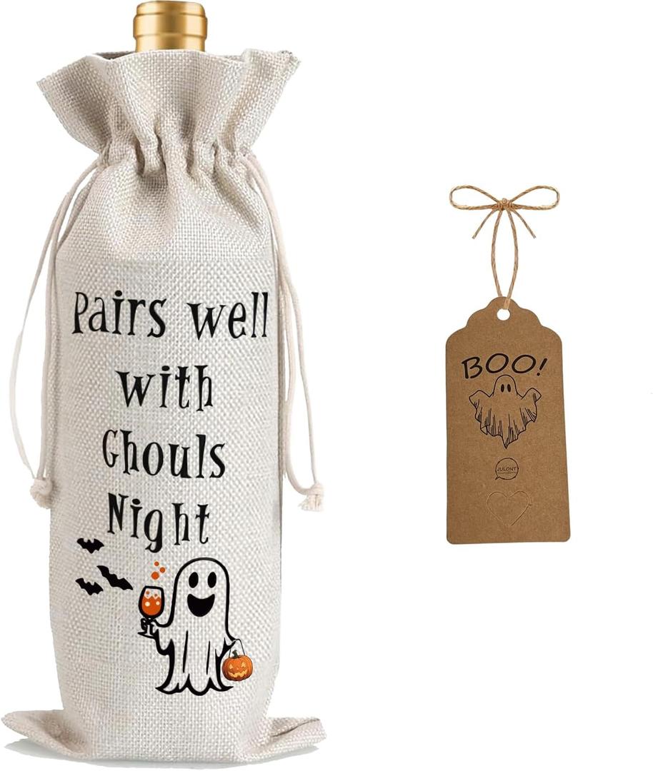 2 x 1Pcs Ghouls Night Gifts Wine Bag,Halloween Wine Bag,Happy Halloween Gifts Party Decorations for Women Menwith 1Pcs Kraft Blessing Cards and natural jute rope