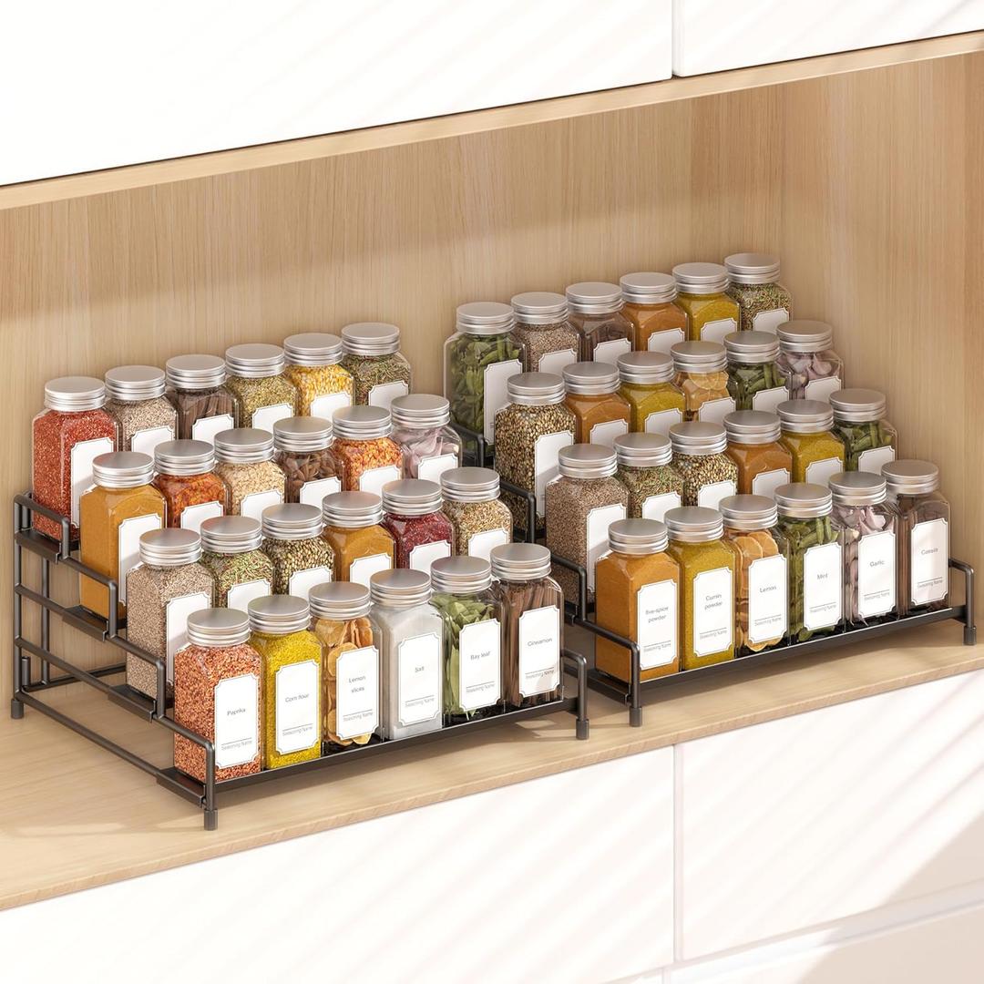4-Tier-Spice-Rack-Organizer-for-Cabinet, Adjustable Depth Spice Holder Shelf For Countertop Pantry Cupboard, Metal Tiered Seasoning Organizer,Display Shelf Riser (Black-2 Pack)
