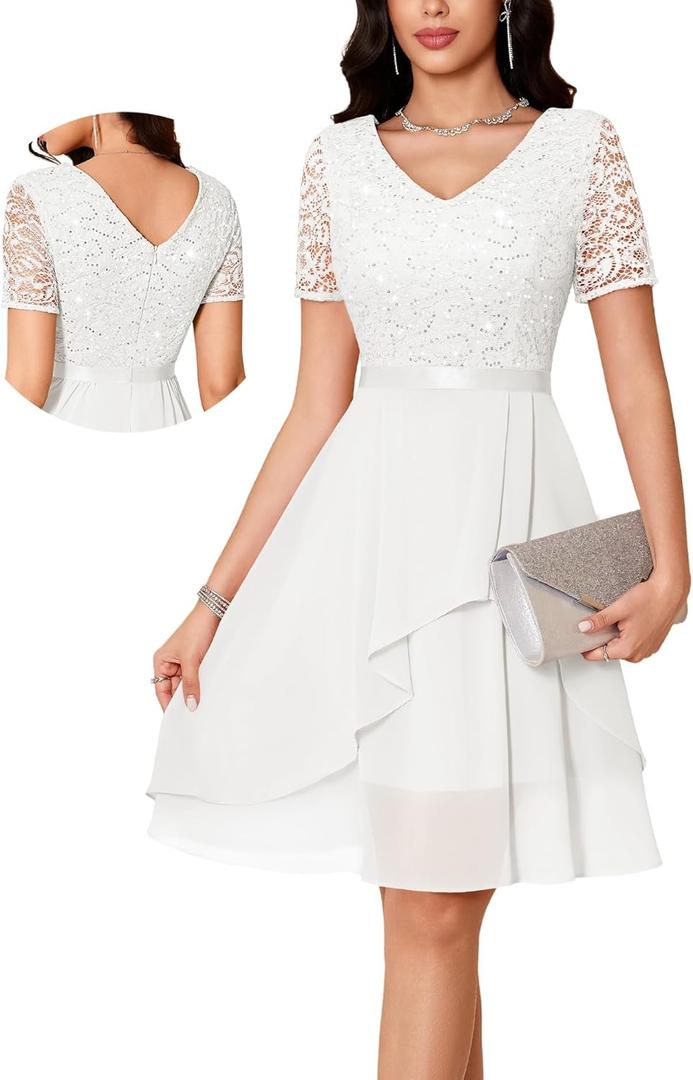 MUADRESS Women's Wedding Guest Dress for Cocktail 2026 A-Line Lace Sequin Chiffon Prom Dresses with V-Neck Short Sleeves (White, L)