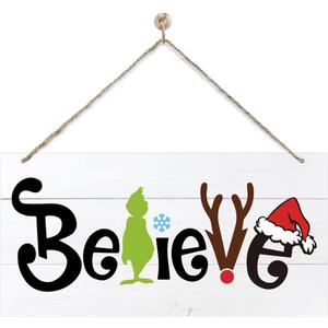 Believe Christmas Sign, Cartoon Characters Pattern Winter Home Wooden Hanging Decor, Indoor Christmas Wood Wall Hanging Sign for Living Room Bedroom Decor 7 x 14 Inches