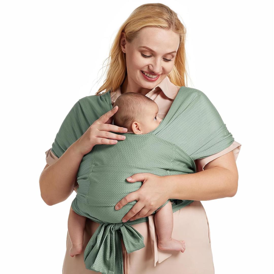 Momcozy Adjustable Buckle Baby Wrap Carrier Cooling Air-Mesh, Easy to Wear Baby Carrier Sling, Baby Carriers Newborn to Toddler 8-35lbs, Suit for Waist 30-47inch, Regular Grey Green