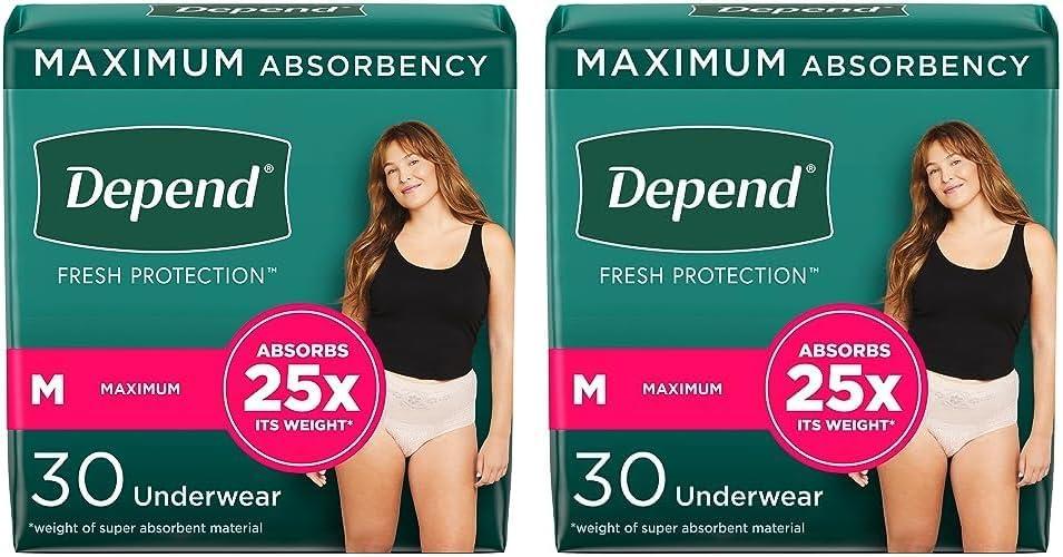 Depend Fresh Protection Adult Incontinence Underwear for Women (Formerly Depend Fit-Flex), Disposable, Maximum, Medium, Blush, 30 Count, Packaging May Vary (Pack of 2)
