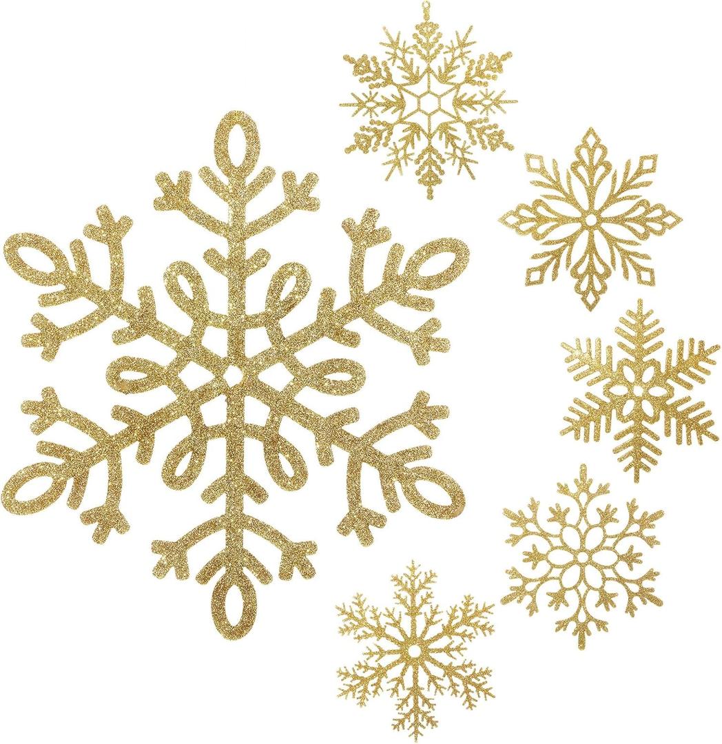 Sratte 12 Pack Large Glitter Snowflakes Ornaments 12" Plastic Giant Winter Christmas Hanging Decor Oversized Snowflakes Ornaments for Indoor Outdoor (Gold)
