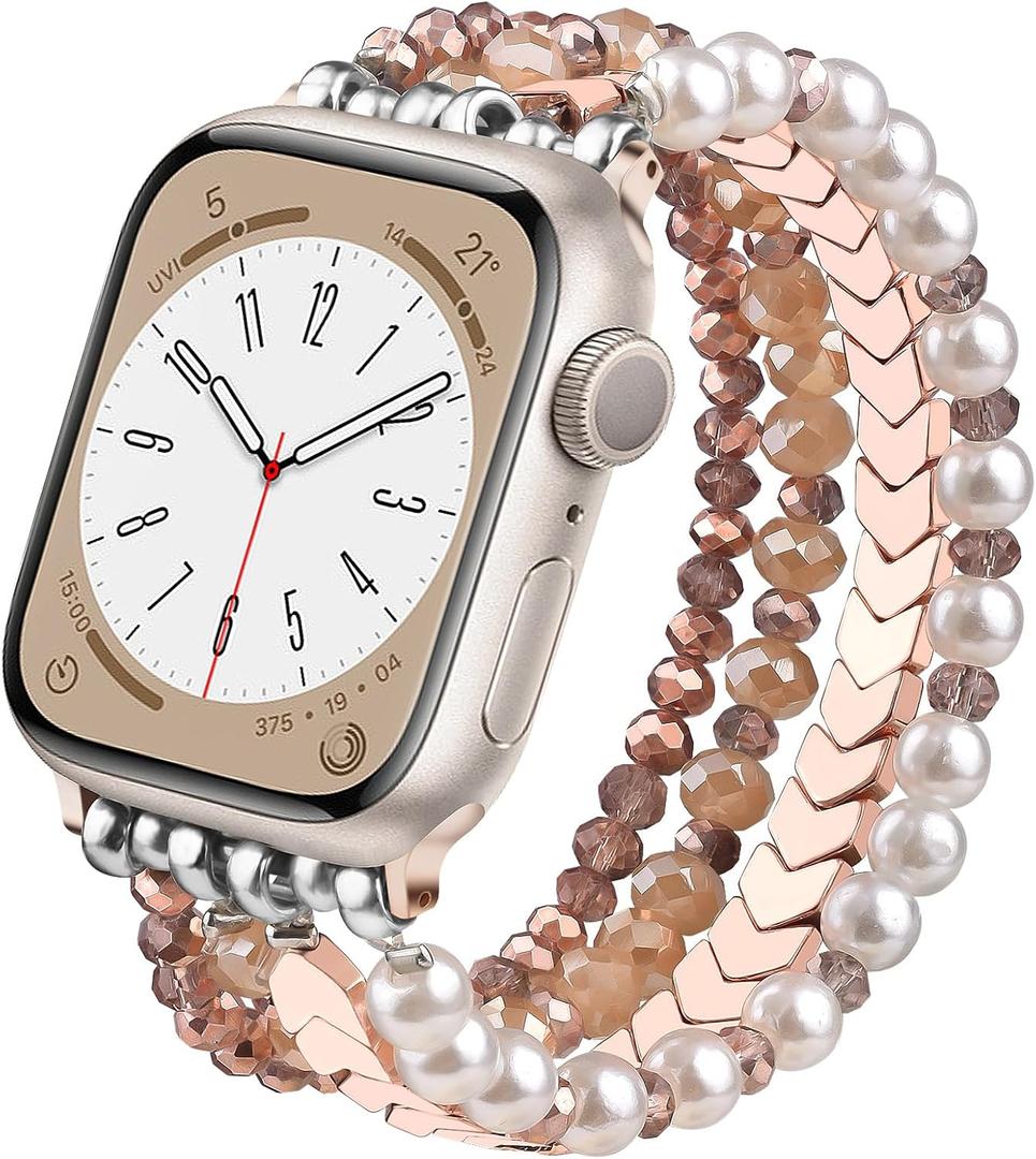 MOFREE Beaded Bracelet Compatible with Apple Watch Band 38mm/40mm/41mm/42mm, Fashion Elastic Stretch Women Bands for iWatch Series 11/10/9/8/7/SE/6/5/4/3/2/1 iPhone Watch Strap Bands Rose gold/Pearl