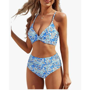 ZAFUL Twist High Waisted Bikini for Women Cross Lace Up Bathing Suit Ruched Bikini Swimsuits Tummy Control Swimwears Size S