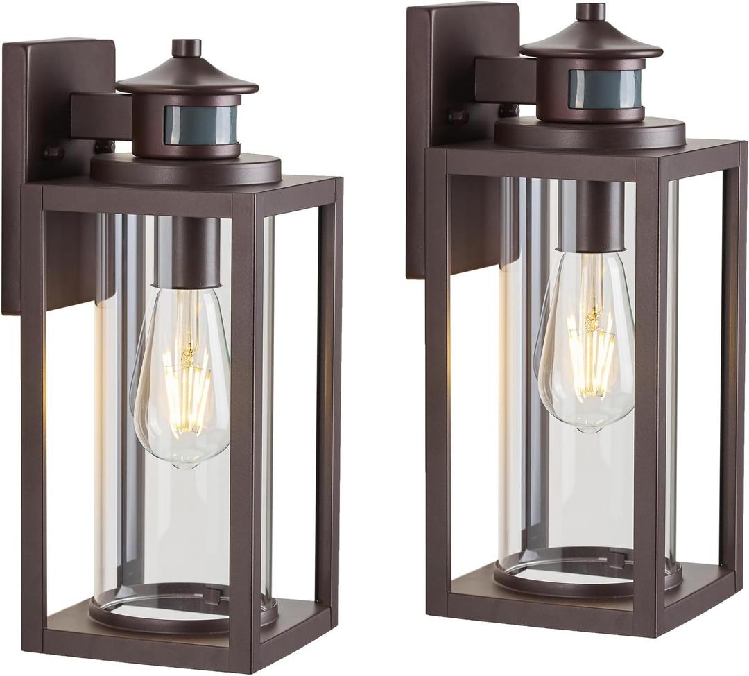 MICSIU Bronze Motion Sensor Exterior Wall Light 2 Pack, Waterproof Dusk to Dawn Outdoor Lighting with Clear Glass, 13 Inch Outside Porch Light for House, Front Porch, Garage, Walkway (Black)
