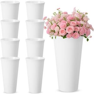 8 Pack Flower Buckets 9.84 Inch Plastic Flower Vases Modern Round Vases for Centerpieces Floral Display Decorative Buckets for Table Home Wedding Decorations (White)