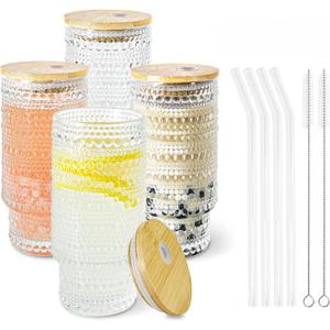 4 Pcs 16 oz Glasses Cups Set with Bamboo Lids Straws Brush Hobnail Glassware Set for Juice Iced Coffee Beer and Cocktail Whiskey