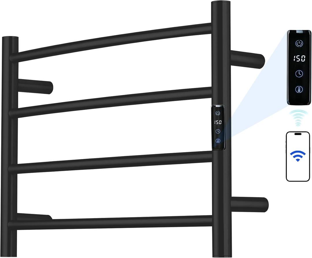 Electric Towel Rack with Voice Control for Alexa & Google Home,TUYA - Wall-Mounted Bathroom Heating Towel Warmer,Plug-in,Stainless Steel Material,16.54x23.62x5.51 in,Black,4 Bars