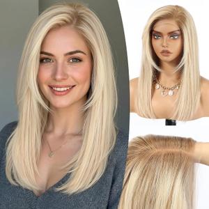 KKU 100% Human Hair Wigs for Women,Real Human Hair Wigs,Side Swept Bangs Lace Front Wig(16 Inch,Ombre Blonde Brown)