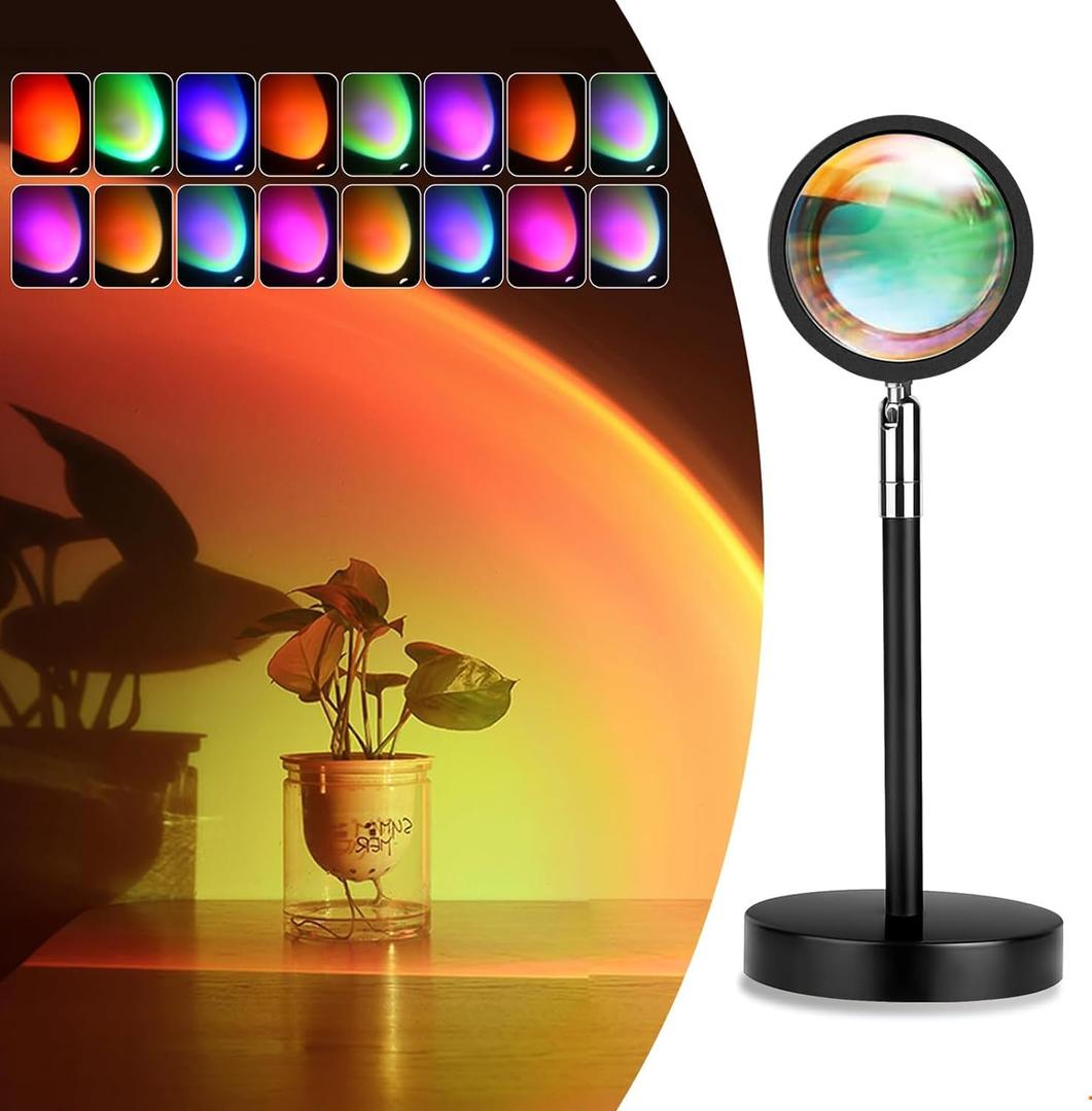 Sunset Lamp Night Light - 16 Colors & 4 Modes Sunset Projection Lamp with Remote, Color Changing Rainbow Sunlight Lamp, Romantic Visual Led Light Projector for Photography Room Decor (Round Base)