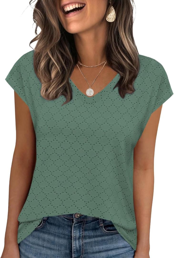 Zeagoo Flowy Spaghetti Strap Summer Tops for Women Green Casual 2024 Eyelet V Neck Sleeveless Cute Blouses, Small