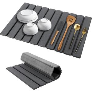 Large Stone Dish Drying Mat for Kitchen Counter, 23''15'' Grey Dishes Drying Matt Kitchen Counter, Absorbent Diatomaceous Earth Bath Quick Dry Mats for Tableware, Bottles and Cup (24" x 15")