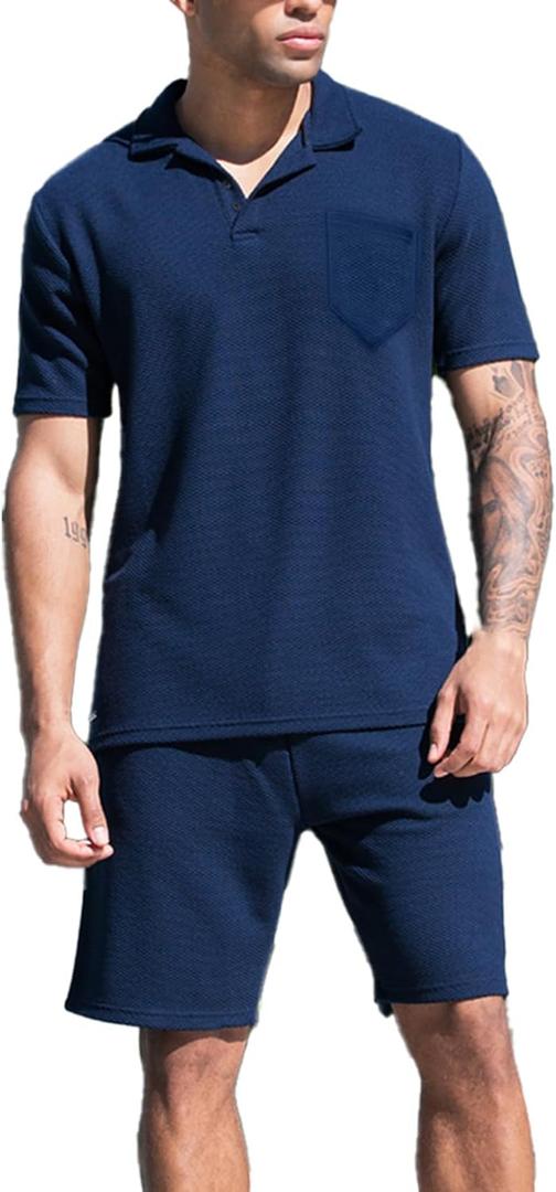 TUVEKE Men's Polo Shirt and Shorts Set Casual Waffle Knit Tracksuit Set for Men Summer Outfits 2 Piece Short Set (M) TUVEKE Men's Polo Shirt and Shorts Set Casual Waffle Knit Tracksuit Set for Men Summer Outfits 2 Piece Short Set (M)