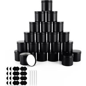 OBKJJ Black Candle Jars 10 oz Matte Tins 24 PCS Metal Candle Containers with Lids Bulk Candle Containers for Balms, Salve, Spices, Beard Balm, Crafts with 4 Markers 6 Sheets Label Stickers
