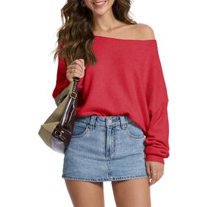 FAlABLE Women's Sweater Off Shoulder & Boat Neck Oversized Long Sleeve Pullover Cozy Knit Fall Winter Casual Tops (Red, L)