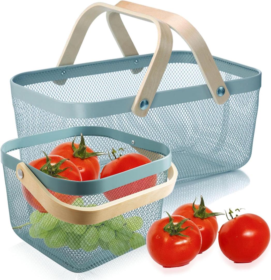 Cheardia 2 Pack Picnic Baskets, Metal Mesh Harvest Basket with Foldable Wooden Handle, Rectangle Garden Storage Basket Bin for Vegetable Fruit Garden Kitchen Cabinet Picking Gathering, Blue