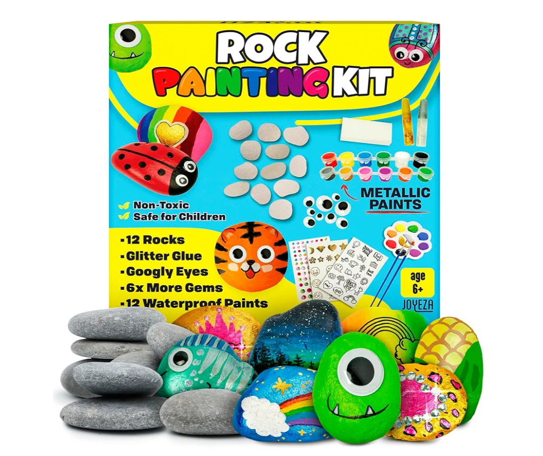 JOYEZA Rock Painting Kit Deluxe, Arts and Crafts for Girls Boys Age 6+, 12 Rocks Tween Gift Art Set, Waterproof Paints, Craft Kits Art Supplies, Kids Crafts Ages 6-8, Kids Activities 6 7 8 9 10