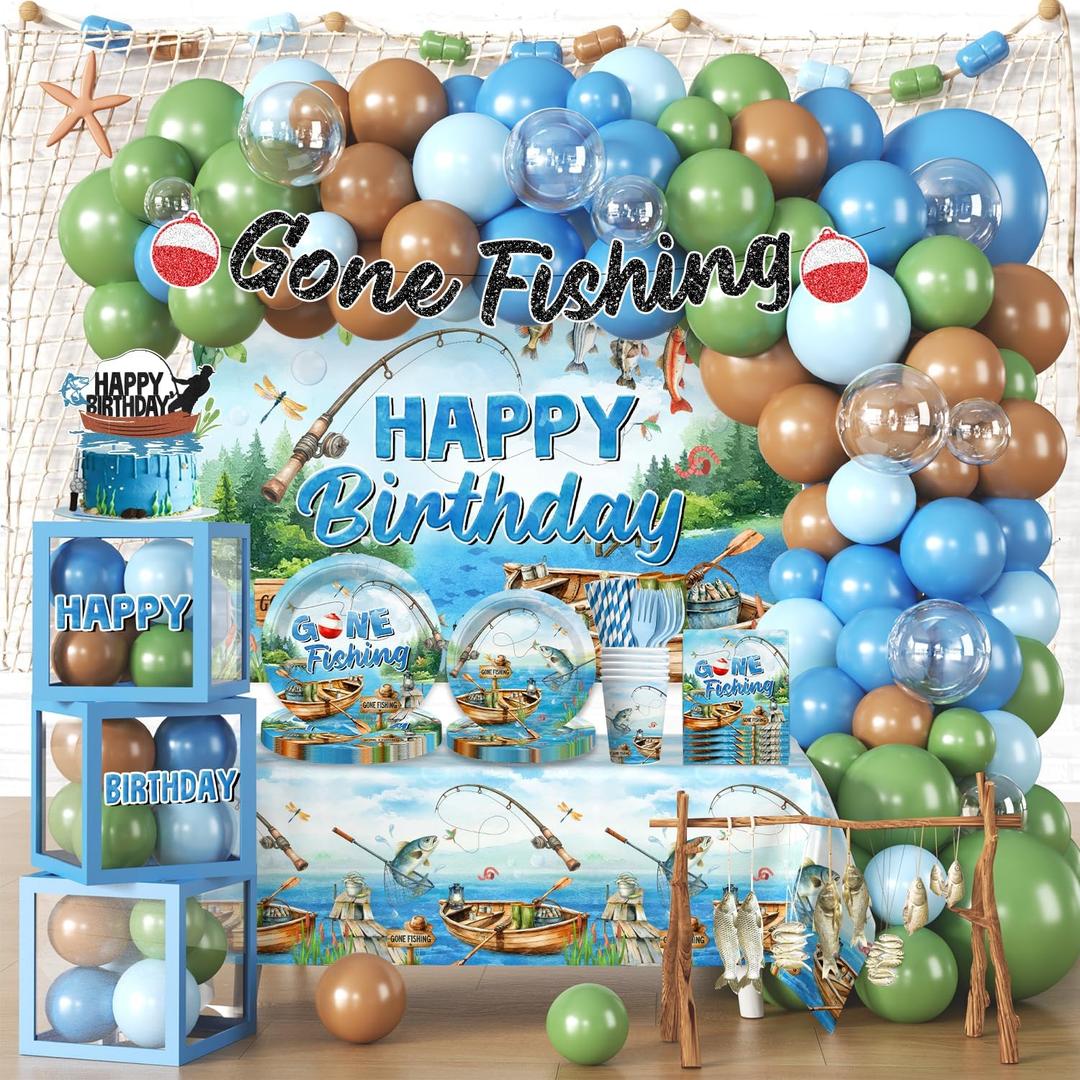 268pcs Fishing Birthday Party Decorations Complete Party Set, for 25 Guests, Fishing Birthday Decorations, includes Fish Themed Balloons, Plates, Banner, Backdrop, Tablecloths, etc