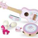Kids Guitar for Girls, Wooden Musical Instruments Toys with Ukulele, Tambourine, Maracas, Harmonica, Mini Band Sets for Toddlers 2 3 Years Old Birthday Gift (Pink for Girls)