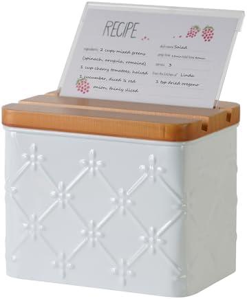 HOME PALETTE Recipe Box with Cards and Dividers Set 4x6 Recipe Holder for Kitchen Counter Metal White Floral Pattern Embossed Recipe Card Box with Wooden Grooved Lid