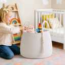 Large Nursery Hamper, 30L Blanket Basket with Handle, Baby Laundry Basket for Gift, Toy, Clothes, Woven Storage Basket with Wooden Bead Decor, Baby Hamper for Nursery (White)