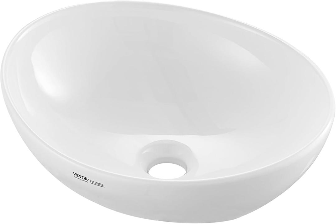 VEVOR Oval Vessel Sink, 16" x 13.4" Bathroom Vessel Sink Bowl Countertop, White Ceramic Bathroom Sinks Above Counter, Bowl Sink with Modern Style, Well-Packaged for Bathroom, Hotel, Toilet, RV