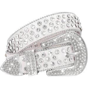 WHIPPY Women Rhinestones Leather Belts Bling Studded Western Cowgirl Waist Belt for Jeans Pants with Removable Buckle (S:Fit Waist Size 28-32", 3-white)