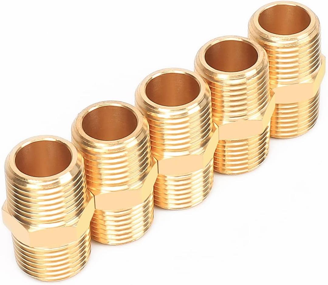 Winmien Brass Hex Nipples Pipe Fitting, Double-Headed Equal Diameter Male Threaded Joints, Hexagonal Joint Hose Extender (1/2" x 1/2" NPT Male)