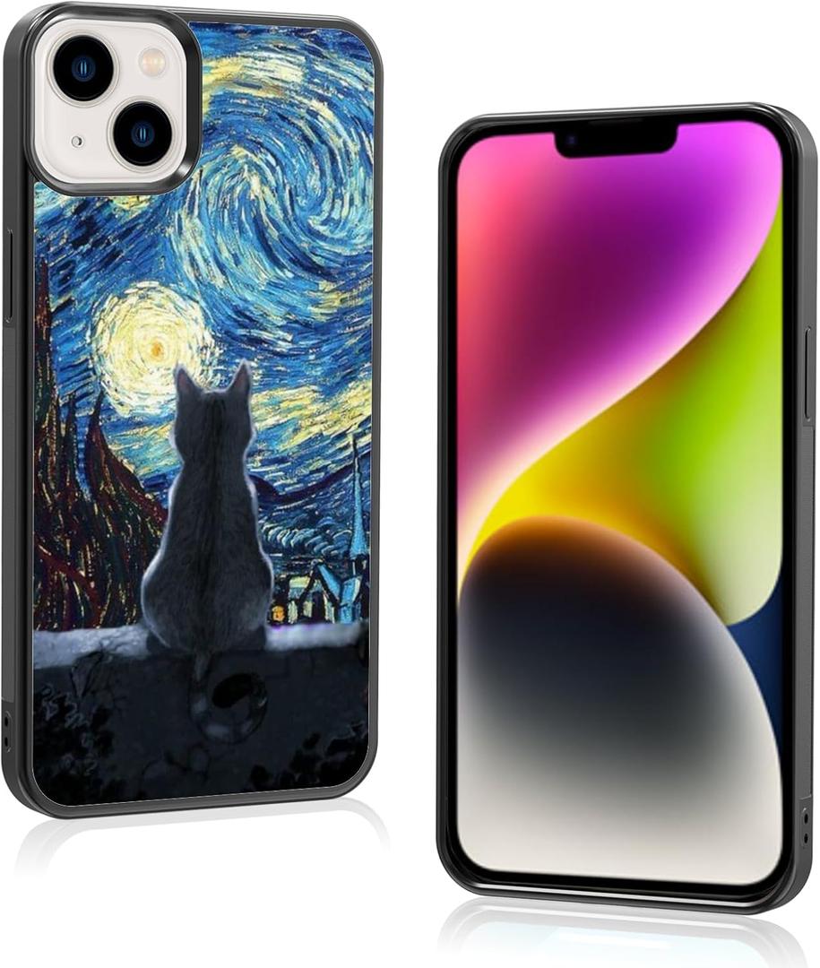 Black Cute Cat iPhone 15 Plus Case - 5.95 Inch Van Gogh Cute Cat iPhone Case, Non-Slip Pattern Design and Shock Absorption, Soft Silica Gel Frame Support Black Phone Case for Teen Girls and Sisters