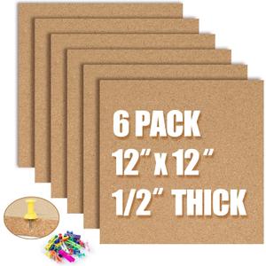 AKTOP Cork Board Bulletin Board 12x12, 1/2" Thick Cork Board Tiles 6 Pack, Small Square Pin Board for Wall, Self Adhesive Corkboards with 60 Push Pin Wood Clips for School, Home & Office
