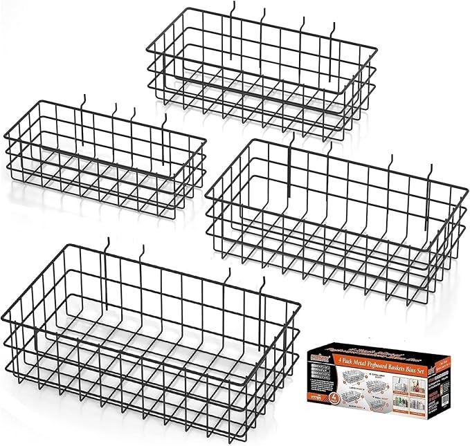HORUSDY Peg Board Bins and Baskets | 4 Pack | Square Style 4 Size Pegboard Baskets and Pegboard Bins for Organize Workbenches, Accessories