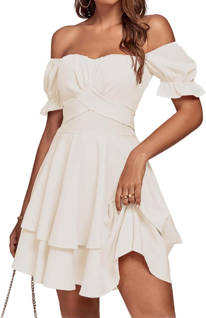 LYANER Women's Tie Back Off Shoulder Wrap Layer Ruffle Short Sleeve Mini Dress (Small, Beige)