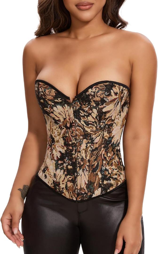 KIWI RATA Women's Sexy Overbust Vintage Denim Corset Floral Pattern Bustier Top Lace Up XL 