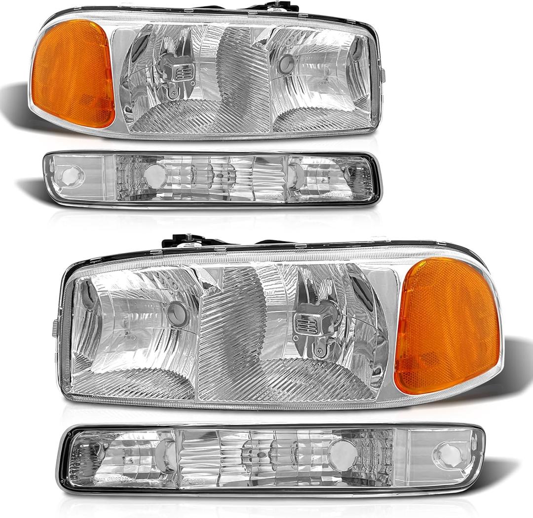 Headlight Assembly for 1999-2006 GMC Sierra 1500 2500 3500 Compatible with 99-06 GMC Yukon/GMC Yukon XL Model Chrome Housing Amber Reflector Clear Lens Replacement(No fit GMC Yukon Denali)