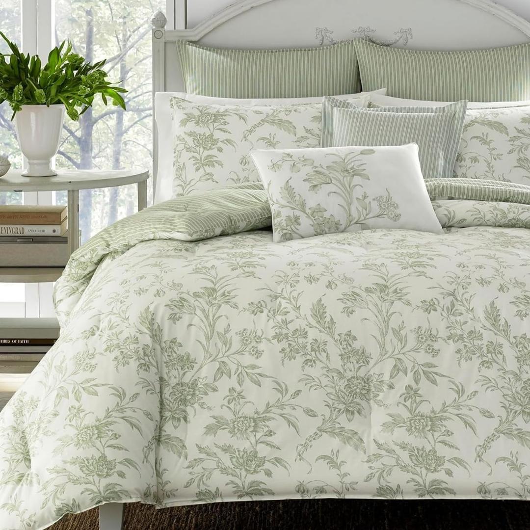 Laura Ashley Home - King Size Comforter Set, Reversible Cotton Bedding, Includes Matching Shams with Bonus Euro Shams & Throw Pillows (Natalie Sage/Off White, King)