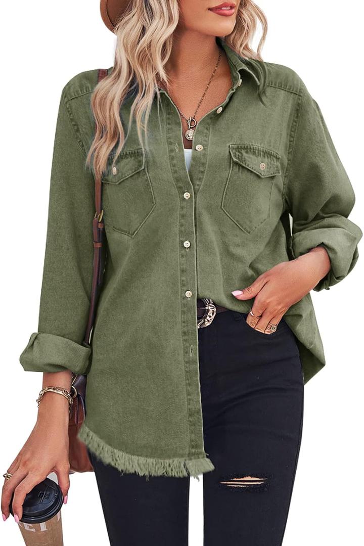 Zilcremo Women Denim Shirt Chambray Collared Jean Shirts Long Sleeve Pocket Button Down Blouses (XX-Large, Green)