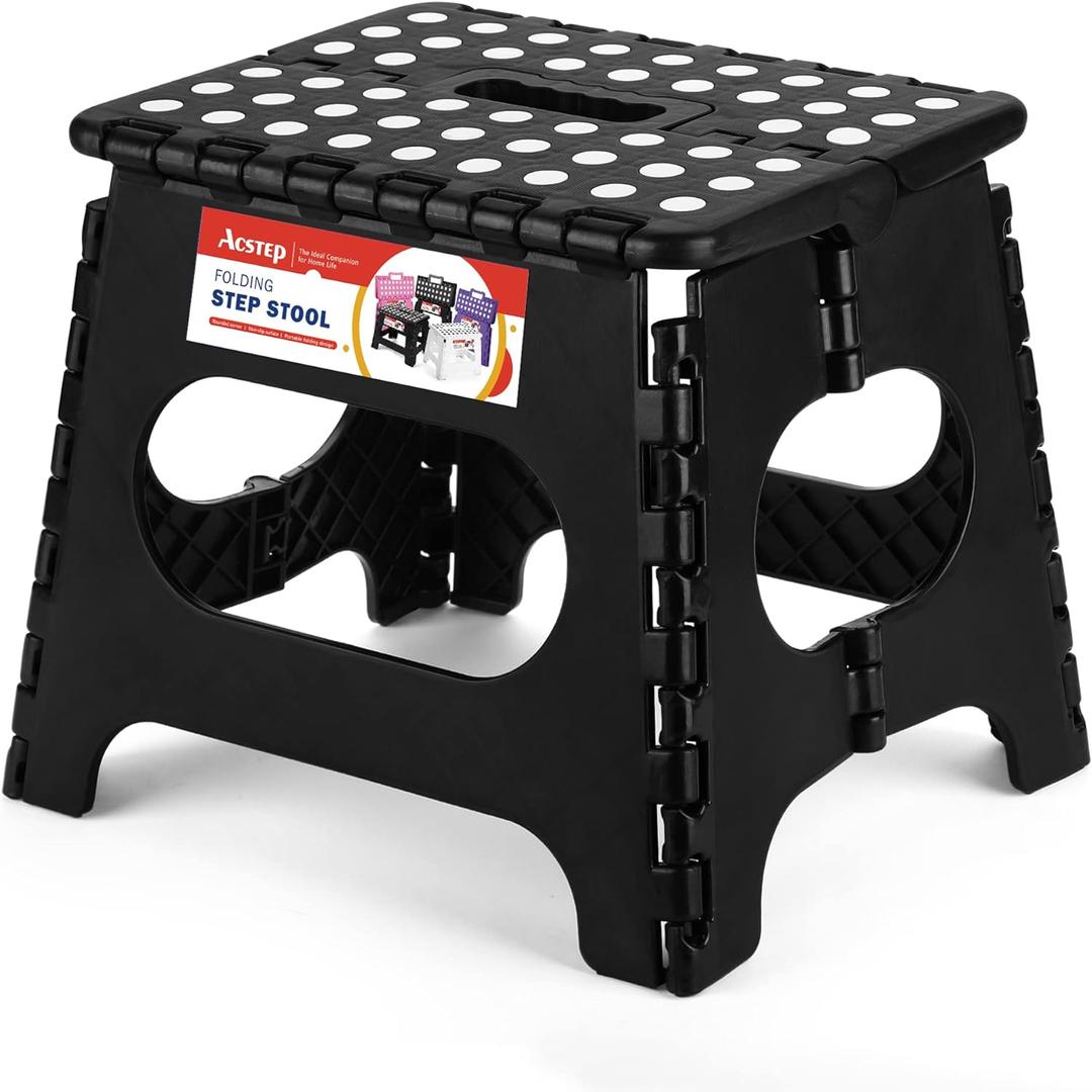 ACSTEP Folding Step Stool 11 Inch, Sturdy Plastic Foldable Step Stool for Kids & Adults, Non Slip Lightweight Collapsible Foot Stools Holds 300 lbs, Ideal for Kitchen, Bathroom, Bedroom, Outdoor (Black)