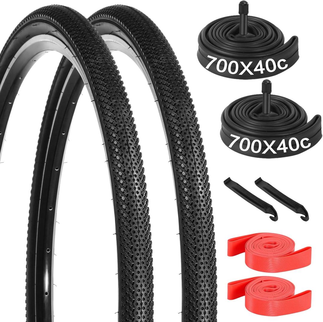 yeesport 700 x 40c Bike Tires, 2 Pack Foldable 42-622 700x40c Tires and 700x38/40/42c Inner Tubes 48mm A/V Valve with Rim Strips, 700c Gravel Bike Tires