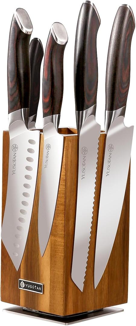 5-Piece Knife Set with 360 Rotatable Magnetic Knife Holder, Kitchen Knife Set - Wooden Magnetic Knife Holder Suitable for Thanksgivin Father's Day Gift Giving Holiday Gift Giving