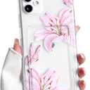 2 x NITITOP Compatible with iPhone 12 Case with Card Holder Clear Cute Floral Lily Flowers Butterfly for Women Girls Soft TPU Shockproof Wallet Case Protective Phone Cover - Pink