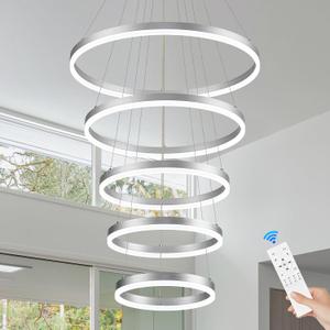 5-Rings Modern LED Chandelier Silver High Ceiling Chandelier with Remote Control Dimmable Pendant Lighting for Dining Room Foyer Living Room Entryway Staircase(3000K-6500K, D23.6)
