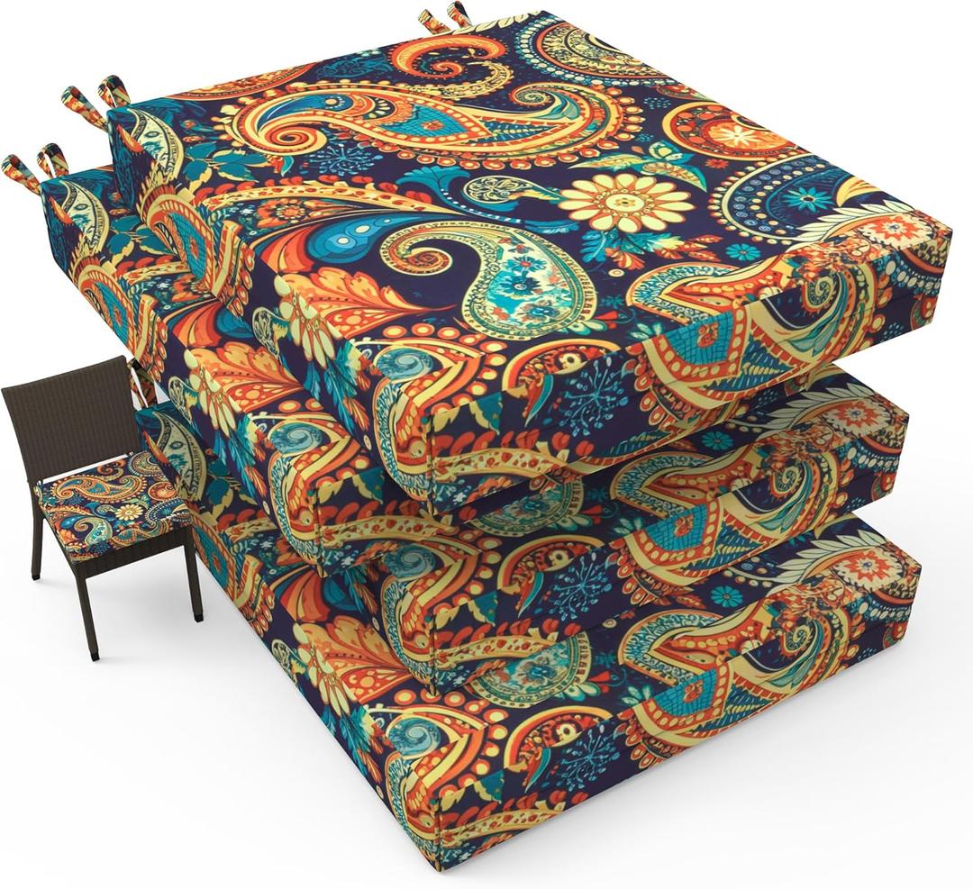 Bafode Patio Chair Cushions Set of 4, 18.5" x 16" x 3" Waterproof Outdoor Chair Cushions for Furniture, Seat Cushion with Ties, for Patio, Yard, Garden Dining Chair (Paisley Multi)