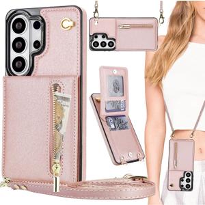 for Samsung Galaxy S26 Ultra Crossbody Wallet Case with Zipper Pocket for Women, PU Leather Lanyard Strap & Flip Kickstand Cover for Galaxy S26 Ultra ZP Rose