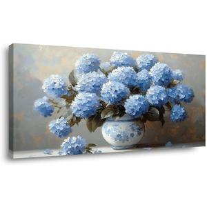 Blue Hydrangea Canvas Wall Art Floral Chinoiserie Vase Painting Flat Print Gallery Wrapped Classic Elegance Artwork for Living Room Bedroom Bathroom Decor, 40X20 INCH