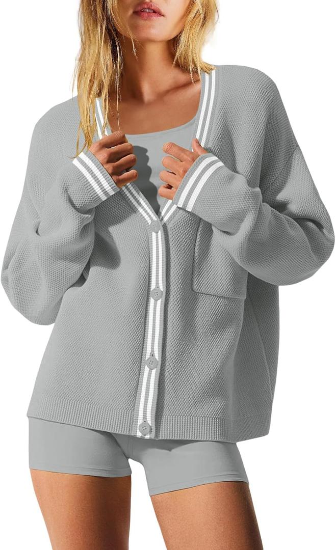 Nirovien Womens Oversized Cardigan Sweaters Button Down Knit Fall Sweater Long Sleeve Striped Coats (Gray) S