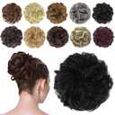 FESHFEN Messy Bun Hair Piece - Wavy Synthetic Chignon Scrunchies for Instant Volume, Elastic Bun Ponytail Hair Extensions Thick Hairpieces for Women, Natural Black 1.50 oz